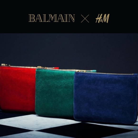 Balmain x H&M Green Red Navy Suede Leather Clutch - Picture 6 of 14